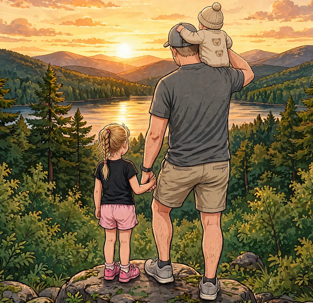 Illustration : un père, vu de dos, tient sa fille par la main et porte son petit garçon sur ses épaules, devant un lac et des montagnes au coucher du soleil.